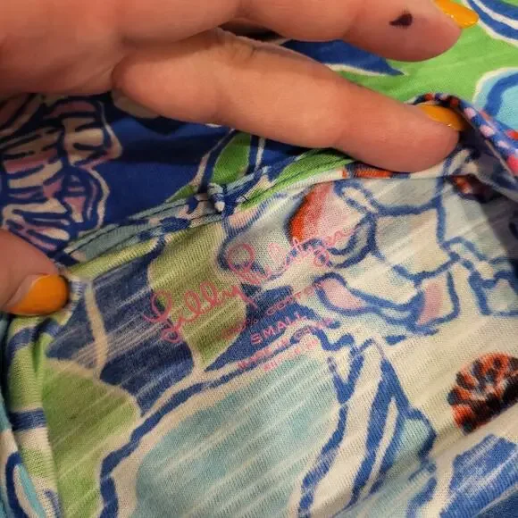 Lilly Pulitzer Blue & Green Short Sleeve V-Neck Gathered Sleeve T-shirt S - Picture 5 of 7